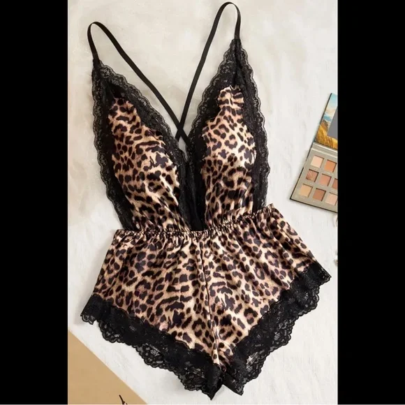 Black & Leopard, Silky & Floral Lace, Lingerie Bodysuit - Picture 7 of 10